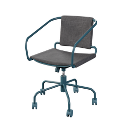 "3D model of an office chair with wheels and blue realistic render, inspired by the Severance series. Created with Blender 3D software, featuring industrial design and webbing details. Ideal for game renders and ecopunk and industrial themed projects."