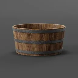Detailed 3D rendering of a rustic wooden brewer tub with metal bands designed in Blender, perfect for digital tavern setups.
