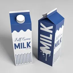 "Procedurally textured Milk Box 3D model for Blender 3D: A carton of milk with a cap on top, featuring cubic blocks stripes cuts on a blue background. This product design render showcases smooth solid concrete, heavy contour lines, metal surfaces, and coarse paper elements. Ideal for creating realistic dairy packaging with customizable color options through enabled nodes."