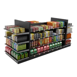 Detailed 3D model of a retail product shelf fully stocked for Blender visualization.