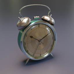 "Vintage hand-painted alarm clock for interior design projects - Blender 3D model. Realistic skin and toon shaders with detailed metal texture, inspired by Charles Hinman and Li Tang. Toggle wear and tear for an as-new option."
