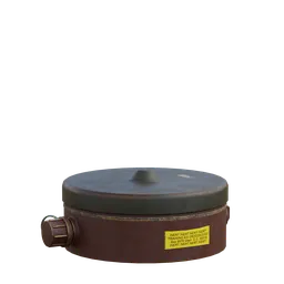 "Anti-Personnel Blast Mine 3D model for Blender 3D with 1k textures, ideal for historic military and atomic age scenes. Featuring a brown and black container with a lid, this model includes 33mm round head and smoke effects, perfect for battleground backgrounds and nuke simulations."