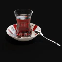 Realistic Turkish tea 3D model in Blender with traditional glass and plate, high-detail textures.