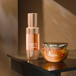 3D-rendered luxury skincare products with golden highlights on reflective surface.