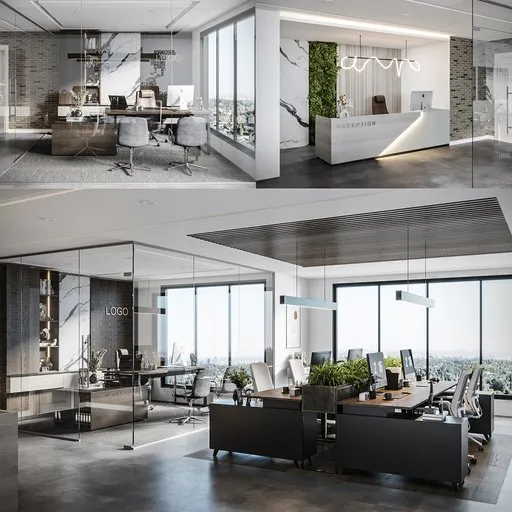 Detailed 3D office interior model with modern furniture, appliances, and lighting for design projects.