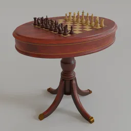 "Antique Game Table 3D Model for Blender 3D: Victorian-style oval table with inlaid checkerboard top made from rosewood and boxwood, accompanied by ornate chess pieces."