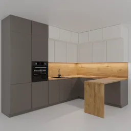 Detailed Blender 3D model of a modern kitchen set with appliances and wooden countertop.