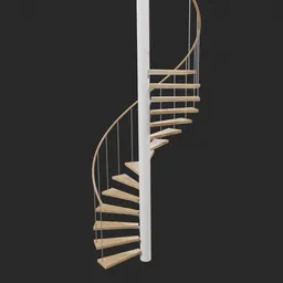 Detailed 3D model of a 270-degree oak-textured spiral staircase with metal handrail, compatible with Blender.