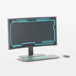 Futuristic Blender 3D low poly computer setup with a sleek curved screen design, keyboard, and mouse, ideal for gaming scenes.