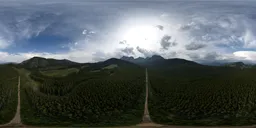 360-degree HDR panorama for scene lighting featuring sun peeking through clouds over pine forests and mountain peaks