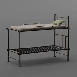 Detailed 3D model featuring a two-tier metal bunk bed, suitable for military or institutional use, created in Blender.