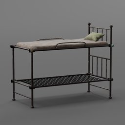 "Double Deck Bed 02 - a sturdy metal-framed bunk bed, perfect for barracks and prisons. This BlenderKit 3D model is inspired by both world wars and museum catalog photography. Created using Blender 3D software."