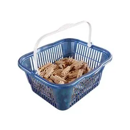 "Blue plastic laundry basket with wooden clothespins - 3D model for Blender 3D. Ideal for decoration in service environments. High-resolution product photo available."