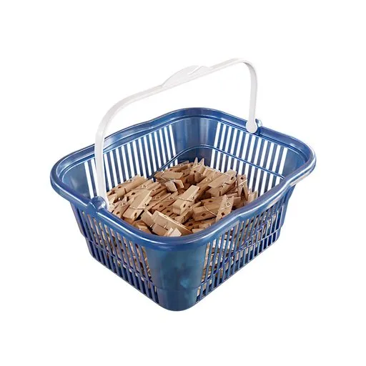 Detailed 3D rendering of a blue basket filled with wooden clothespins, perfect for Blender 3D projects.