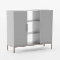"White cabinet with single door and shelf in muted pink and grey hues, made with high-quality constructivist design, inspired by Swedish style and featured in IKEA catalogue photo. Compatible with Blender 3D software and renders in Redshift renderer, offering versatile storage solutions using both natural fiber and metal boxes."