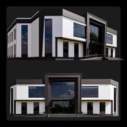 Modern minimalist 3D-rendered office building with angular design, large windows, and sleek black and white facade.