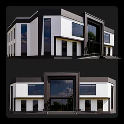 "Modern Art Deco style office building with ramp and dynamic lighting in grey monochrome 3D model, designed by M3D in Blender 3D software. Perfect for school or public use."