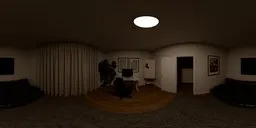 360-degree HDR of a night-time home office with computer desk, black chair, sofas, and curtained window.