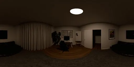 360-degree HDR of a night-time home office with computer desk, black chair, sofas, and curtained window.