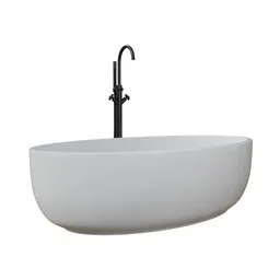 3D model of a realistic oval freestanding bathtub with a sleek black floor-mounted faucet, ideal for modern interior design rendering.