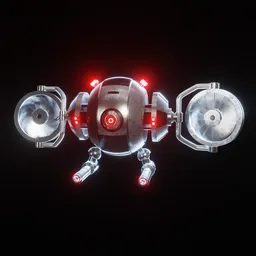 "Sci-Fi Security Drone: A mechanical 3D model with a spherical body, inspired by Fedot Sychkov, featuring red lights on its head and a spaceship hull texture. Ideal for UE4 and cybermagnetosphere projects."