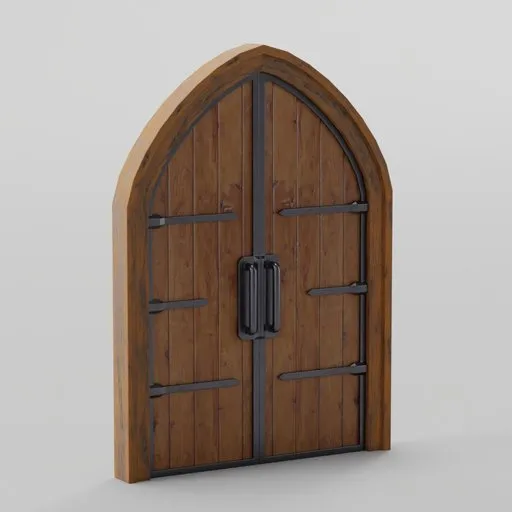 Detailed 3D wooden gate model with metal hinges and handle, compatible with Blender for modular building designs.