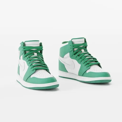Highly detailed sneaker 3D render, Jordan 1 inspired, green/white, suitable for Blender projects.