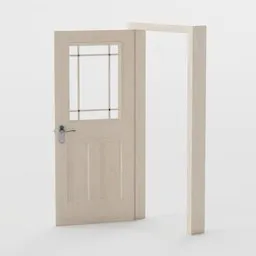 Beige Blender 3D model of an exterior door with window, detailed textures, ready for animation and rendering.