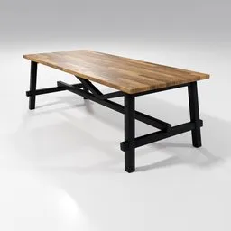 Realistic 3D wooden table model with black legs for Blender rendering and dining room design.