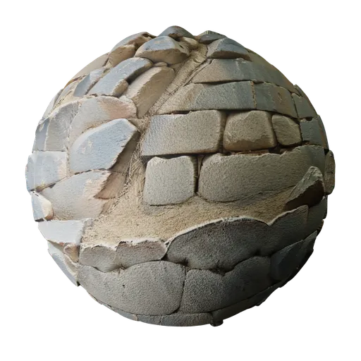 Realistic Ancient Stone Wall texture for 3D modeling in Blender, PBR 2K resolution, with detailed displacement and normals.