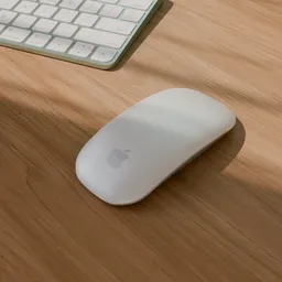 Highly detailed Blender 3D render of a sleek, modern white wireless mouse on wooden desk surface.