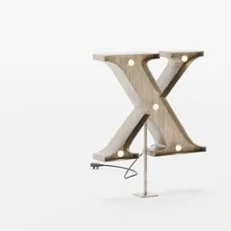 3D Blender model of a wooden X-shaped marquee light with illuminated bulbs and a detailed power cord.