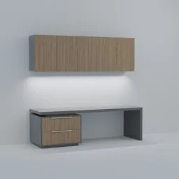 "Explore our 3D model of a Home Office Desk with Storage designed in Blender 3D software. This desk features a cabinet and a drawer, and measures 96" X 30" X 30". Perfect for any home office setup."