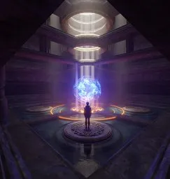 3D rendered scene of an ancient temple interior with mystical artifacts and a figure observing an illuminated relic.