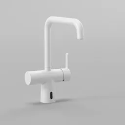"Discover the Damixa SILHOUET Touchless Kitchen tap in white, a stunning photorealistic 3D model designed with inspiration from Alexander Stirling Calder and Cheng Zhengkui. Featuring a minimalist design with white unicorn inspired handle, this enamel tap is perfect for your next kitchen project. Created using Blender 3D software."