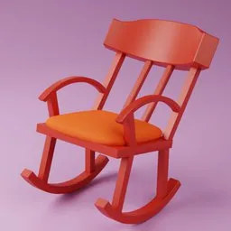 3D model of a stylized red rocking chair with orange cushions, optimized for Blender animation and game assets.