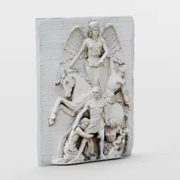 Detailed low-poly 3D relief sculpture featuring an angel, horse, and figures, compatible with Blender, for digital art and design.