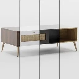 Detailed 3D-model of a retro Scandinavian-style coffee table with wood finish and rattan detailing, available in multiple colors.