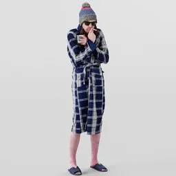 Detailed 3D male model in robe with coffee mug and cigarette, wearing sunglasses and pom-pom hat.