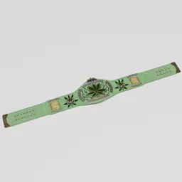 "Custom designed Stoned AF Champion Belt with a green watch featuring a marijuana leaf and handpainted textures in an Art Nouveau style. Perfect for Extreme category designs in Blender 3D, native American folk art patterns and ethereal flowerpunk engravings add an extra touch of creativity."