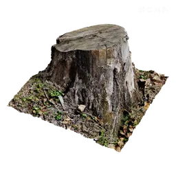 "3D model of a tree stump with moss and leaves in Blender 3D, featuring polygonal fragments and minimalist style. Ideal for realistic nature scenes or Vektroid album covers. Scanned for authenticity and detail."