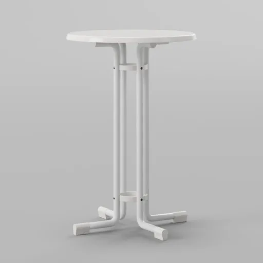 High-quality 3D model of a round white outdoor standing table, 115x75 cm, suitable for Blender rendering.