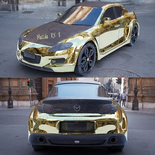 Detailed golden Mazda RX 8 3D model with high-resolution textures, available in 512, 1k, 2k for Blender rendering.