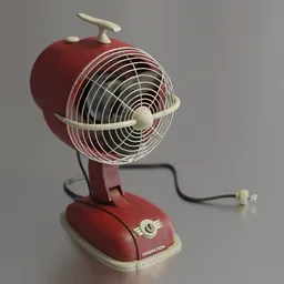 Detailed 3D rendering of a vintage-style red electric fan, designed in Blender, showcasing intricate modeling.