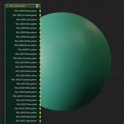 High-quality RAL Classic green hues PBR material for Blender 3D with various shades displayed.