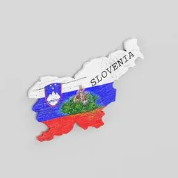 3D rendered Slovenian flag map magnet with bas-relief of Bled Church, optimized for Blender.