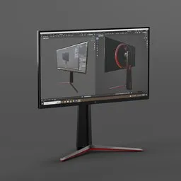 "LG UltraGear 27 inch monitor 3D model for Blender 3D in 8k resolution with a thin frame and red base. Inspired by Alexander Roslin and The Mazeking, rendered with RTX for high quality visuals. Perfect for the metaverse and detailed projects. "