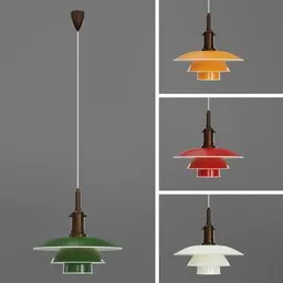 Detailed 3D model of Louis Poulsen-style pendant light in various colors, ideal for interior rendering in Blender.