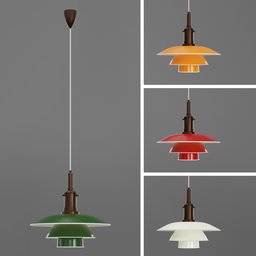 "Louis Poulsen PH 3 1/2 pendant 3D model in Blender 3D - mid-century modern ceiling light with three reflective shades in red, green and yellow color scheme inspired by Willem Labeij. Timeless and stylish addition to any interior design."