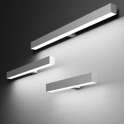 "Corridor HN-W Wall Lights in 3 size variations from 70cm to 130cm length. Each light can be positioned separately to create a seamless and pristine design. Perfect for accent lighting in rooms and hallways. Rendered in Blender 3D."